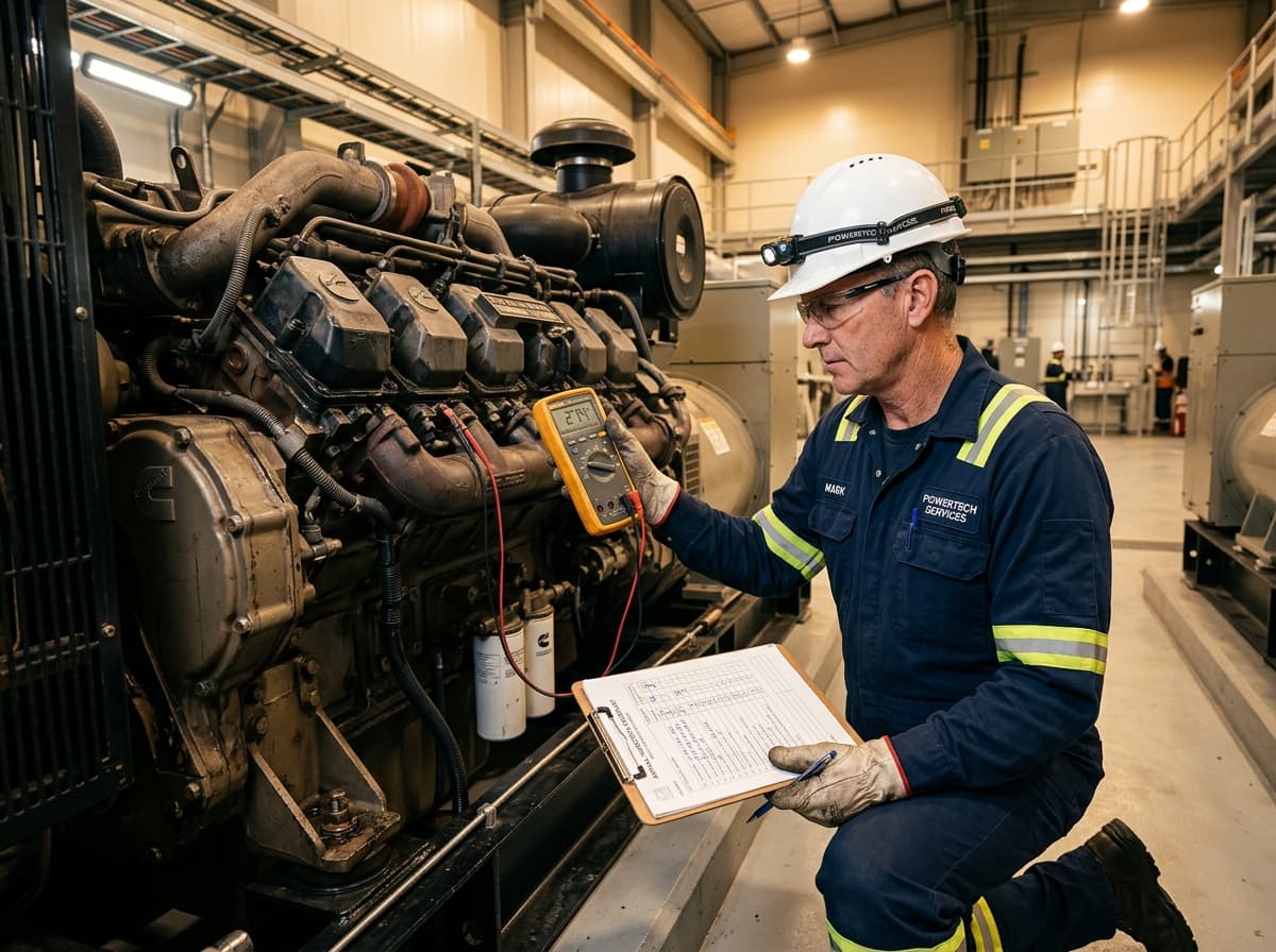 Infocus Power Care Technician Diagnosing Industrial Diesel Generator Engine